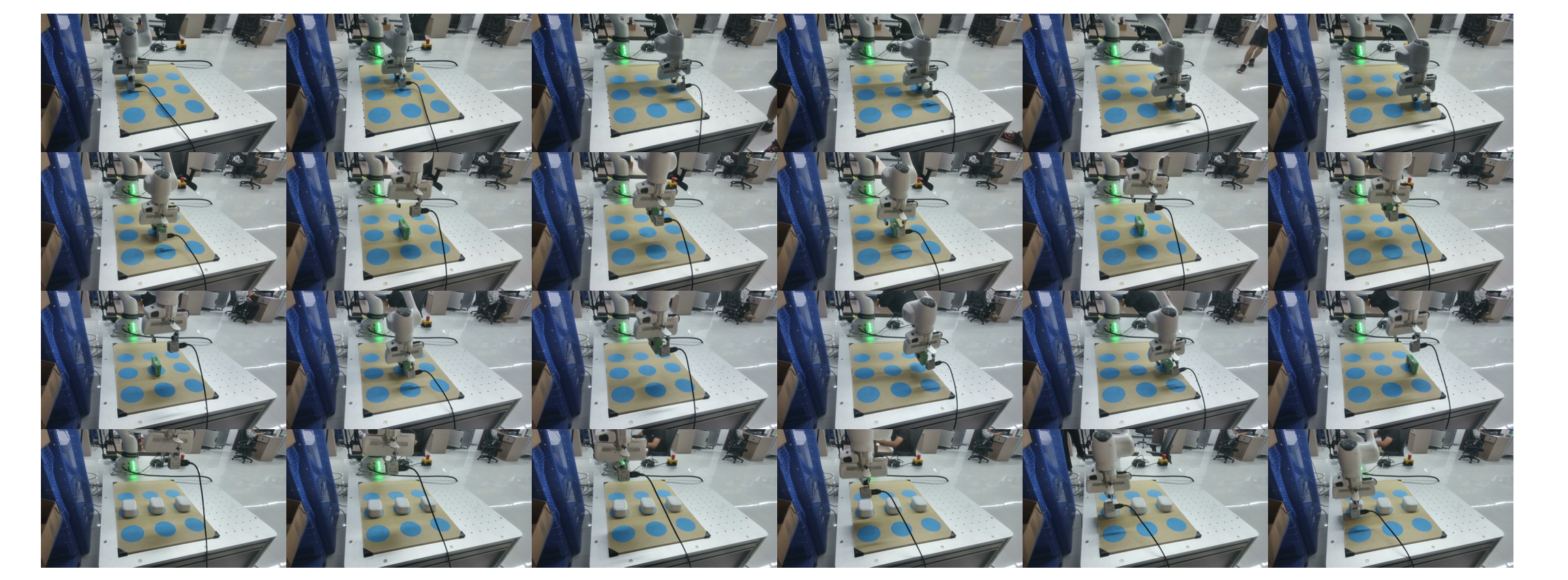 Four rows of real-world robot manipulation rollouts
