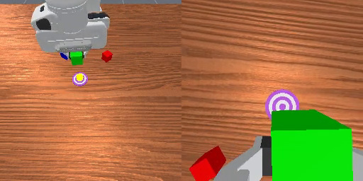 PickXtimes simulation: robot places the green cube on a purple target