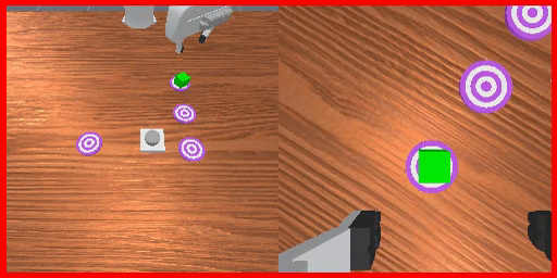 VideoPlaceOrder simulation: the green cube sits on a demonstrated target