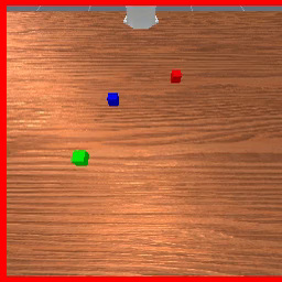 VideoUnmask frame 0: colored cubes are visible on the table