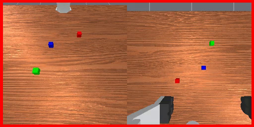 VideoUnmask frame 0: the green cube is visible in both camera views